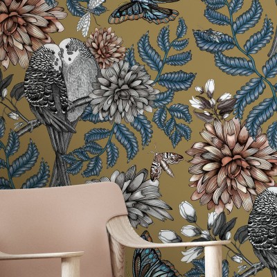 Lovebirds Gold - tapet floral cu fluturi