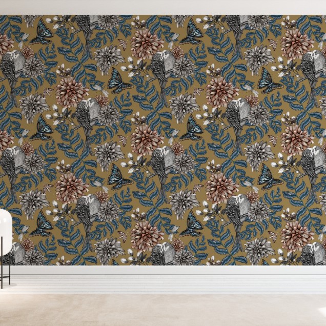 Lovebirds Gold - tapet floral cu fluturi