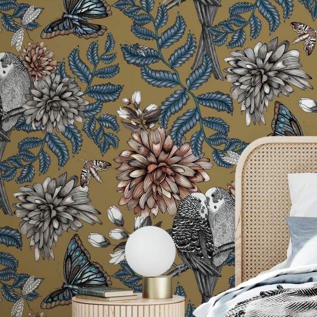 Lovebirds Gold - tapet floral cu fluturi