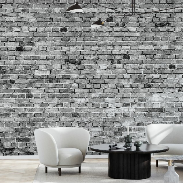 Wallpaper cu design de perete din cărămidă gri și alb, într-un interior modern, cu o masă de dining și scaune.