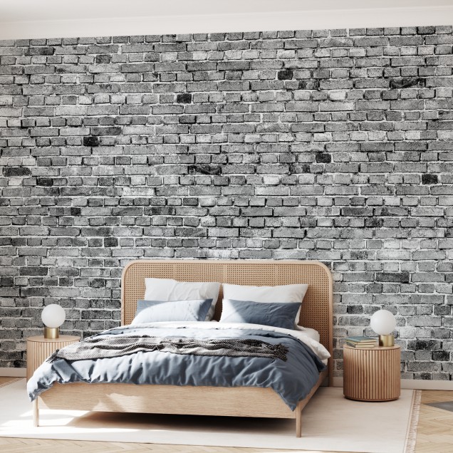 Wallpaper cu design de perete din cărămidă gri și alb, într-un interior modern, cu o masă de dining și scaune.