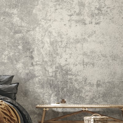 Stone Patina  wallpaper, featuring a textured stone design.  A bedroom interior with  wallpaper on the wall, showcasing the subtle nuances of the pattern.