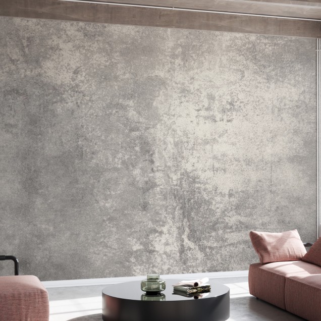 Stone Patina  wallpaper, featuring a textured stone design.  A bedroom interior with  wallpaper on the wall, showcasing the subtle nuances of the pattern.