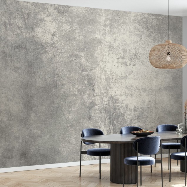 Stone Patina  wallpaper, featuring a textured stone design.  A bedroom interior with  wallpaper on the wall, showcasing the subtle nuances of the pattern.