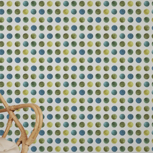 Tapet modern geometric cu cercuri de diverse nuanțe de verde și albastru, pe un fundal alb crem.