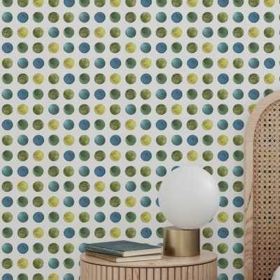 Tapet modern geometric cu cercuri de diverse nuanțe de verde și albastru, pe un fundal alb crem.