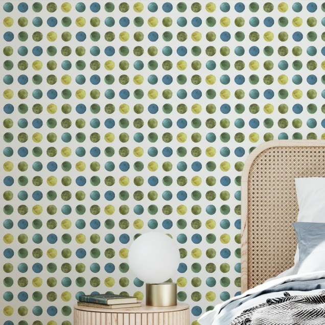 Tapet modern geometric cu cercuri de diverse nuanțe de verde și albastru, pe un fundal alb crem.