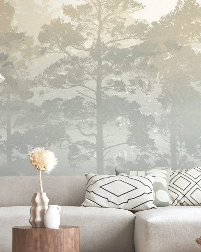Fototapet cu pădure de pini învăluită în ceață, decor interior elegant