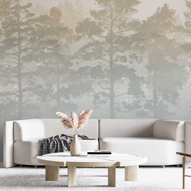 Fototapet cu pădure de pini învăluită în ceață, decor interior elegant