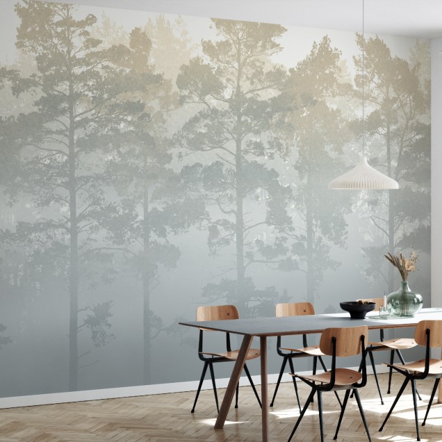 Fototapet cu pădure de pini învăluită în ceață, decor interior elegant