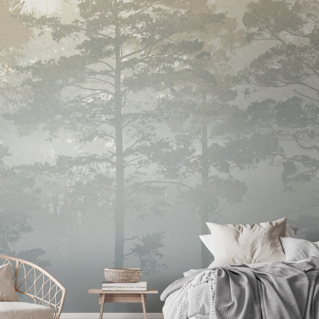 Fototapet cu pădure de pini învăluită în ceață, decor interior elegant