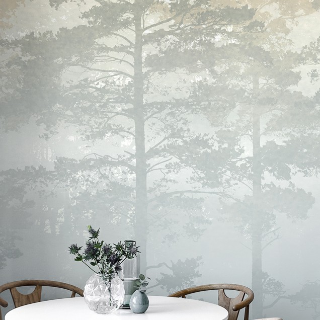 Fototapet cu pădure de pini învăluită în ceață, decor interior elegant