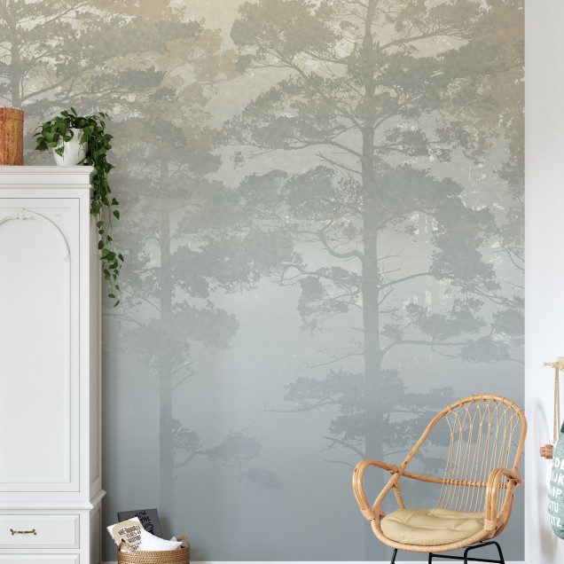 Fototapet cu pădure de pini învăluită în ceață, decor interior elegant