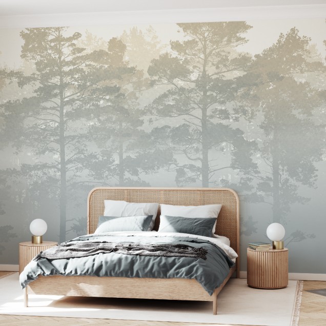 Fototapet cu pădure de pini învăluită în ceață, decor interior elegant