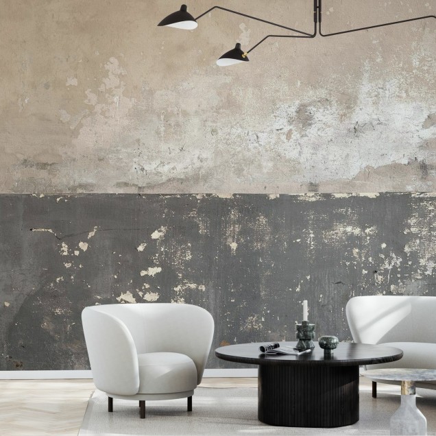 Tapet Flaking Plaster Wall - aspect de perete tencuit cu porțiuni care se decojesc, în nuanțe de gri și bej