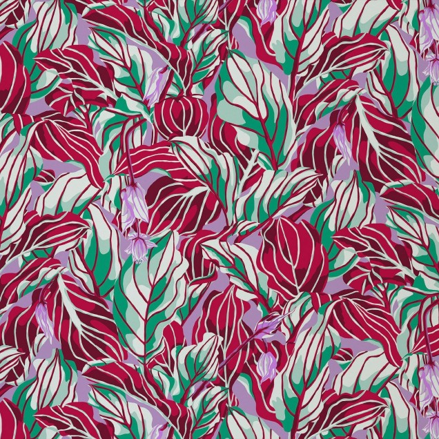 Tapet floral abstract cu frunze în tonuri de liliac, verde și roșu.
