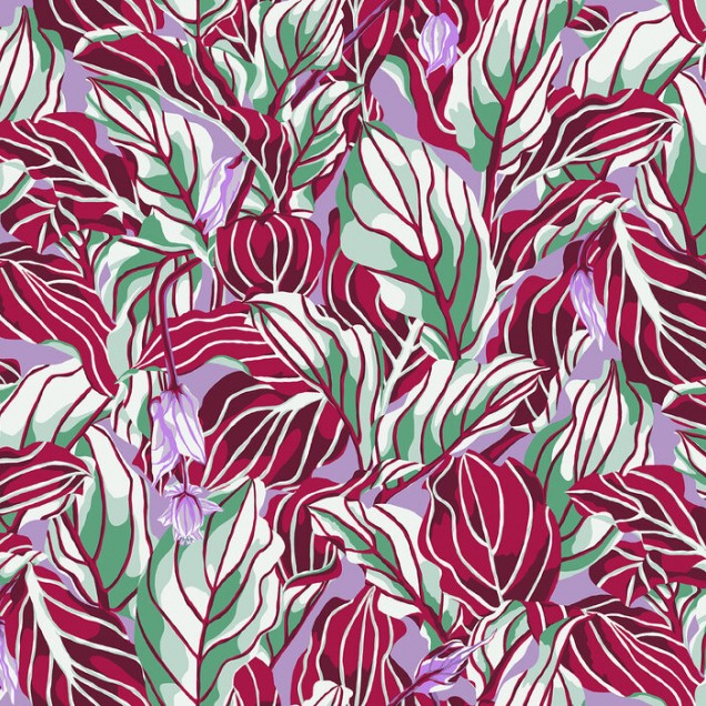 Tapet floral abstract cu frunze în tonuri de liliac, verde și roșu.