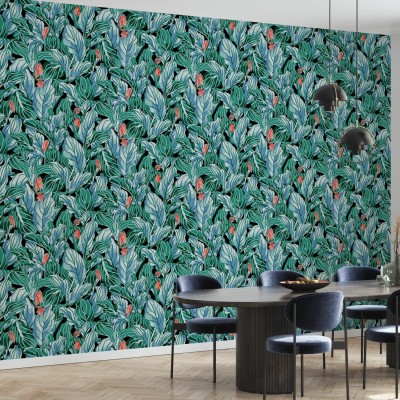 Tapet cu frunze exotice, verde vibrant, cu un model grafic