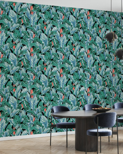 Tapet cu frunze exotice, verde vibrant, cu un model grafic