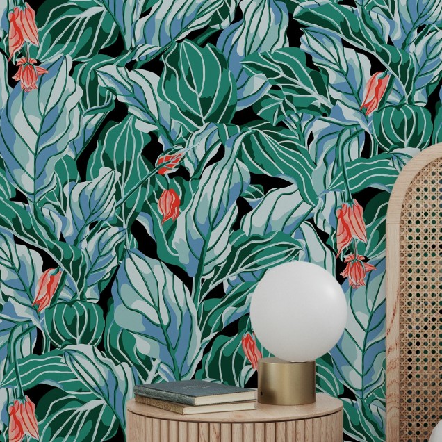 Tapet cu frunze exotice, verde vibrant, cu un model grafic