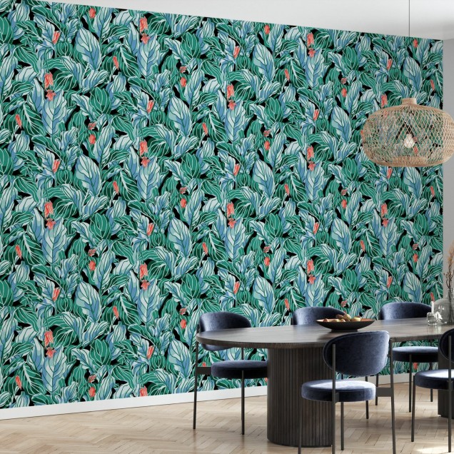 Tapet cu frunze exotice, verde vibrant, cu un model grafic