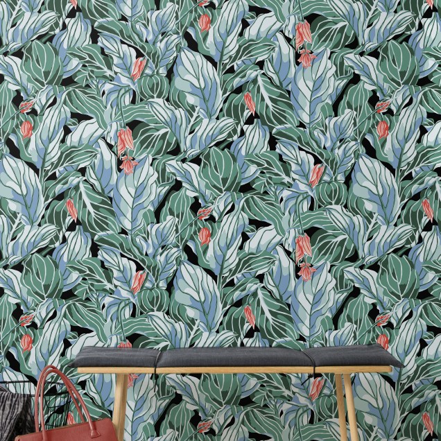 Tapet cu frunze exotice, verde vibrant, cu un model grafic