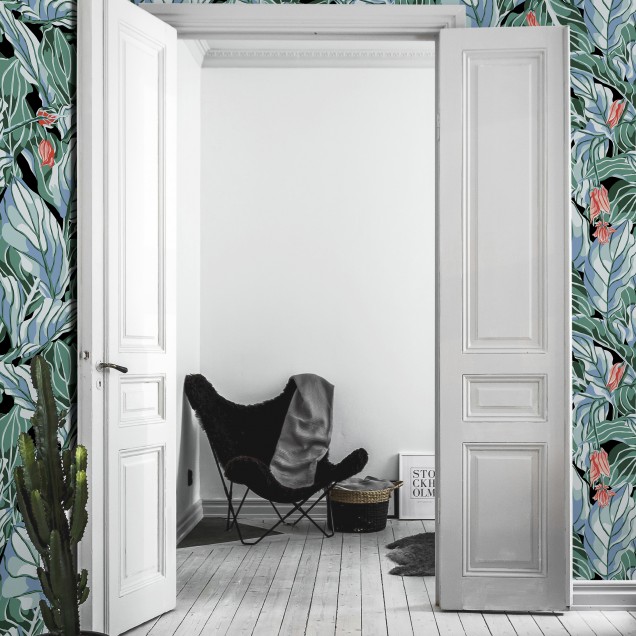 Tapet cu frunze exotice, verde vibrant, cu un model grafic