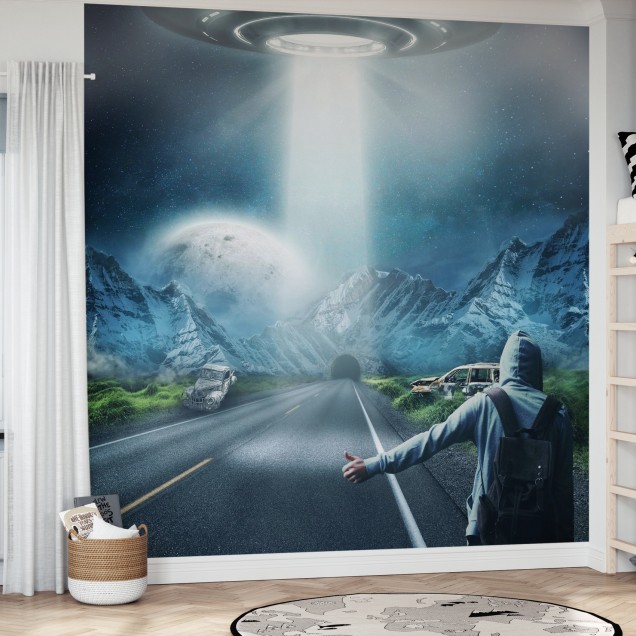 Fototapet cu tematica SF, UFO Fantasy, cu o farfurie zburatoare, o sosea misterioasa si o gaura neagra