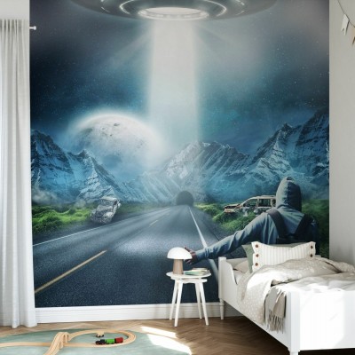 Fototapet cu tematica SF, UFO Fantasy, cu o farfurie zburatoare, o sosea misterioasa si o gaura neagra