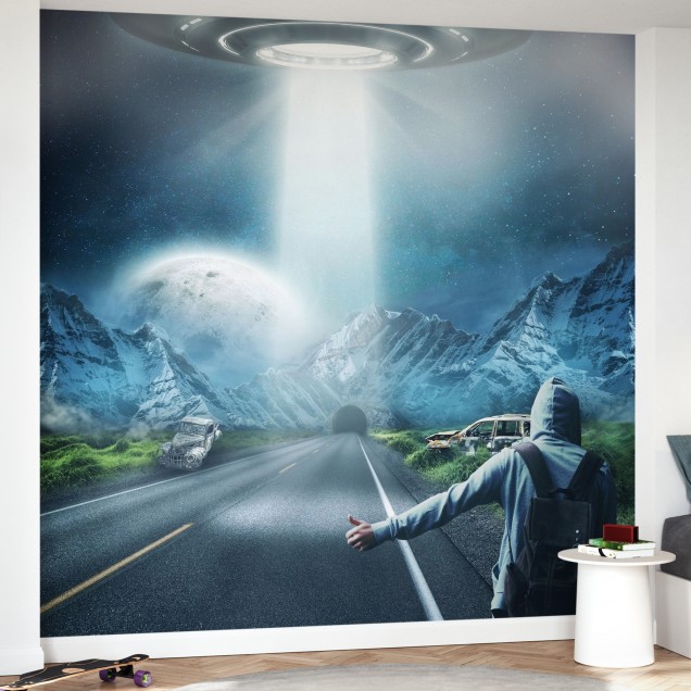 Fototapet cu tematica SF, UFO Fantasy, cu o farfurie zburatoare, o sosea misterioasa si o gaura neagra