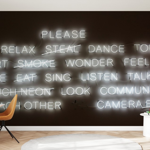 Tapet cu design modern, cu cuvinte din lumini neon, ideal pentru living, dormitor sau birou.