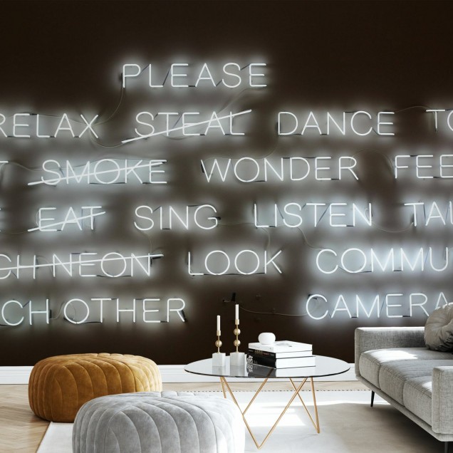 Tapet cu design modern, cu cuvinte din lumini neon, ideal pentru living, dormitor sau birou.