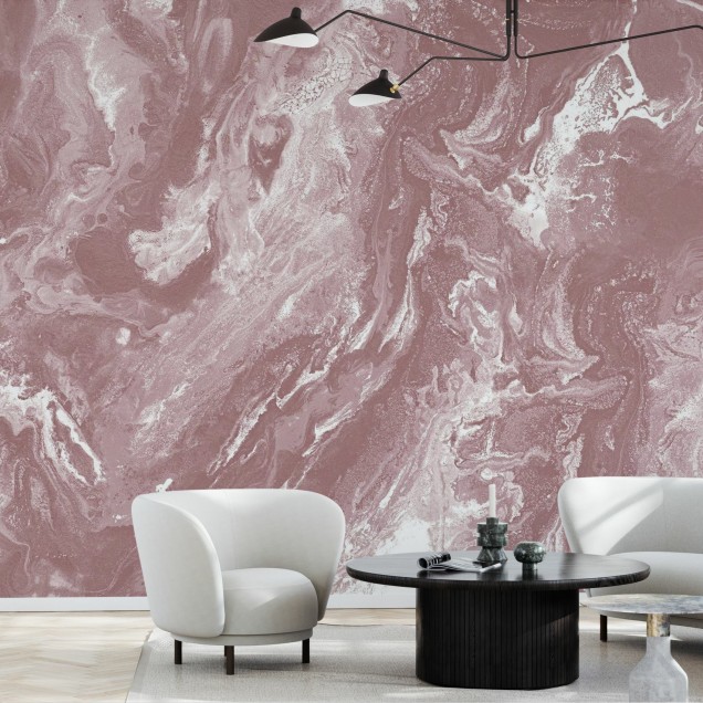 Tapet cu marmura roz Brume, Old Blush, cu stropi albi. Design modern perfect pentru living sau dormitor.