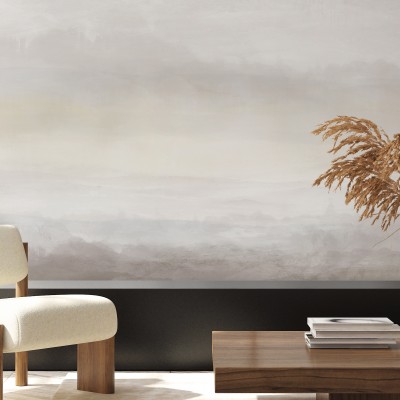 Tapet cu un design minimalist, cu nuanțe de nisip, pe un perete într-un living modern.