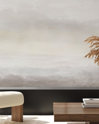 Tapet cu un design minimalist, cu nuanțe de nisip, pe un perete într-un living modern.