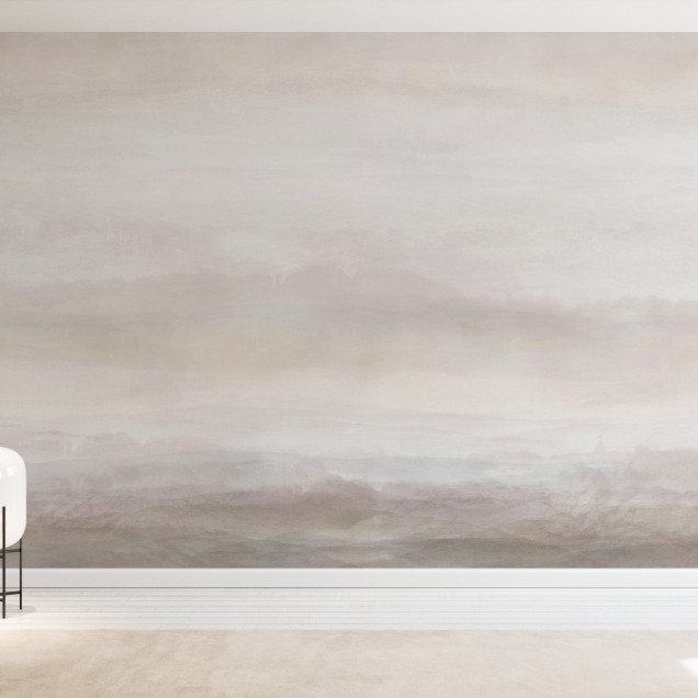 Tapet cu un design minimalist, cu nuanțe de nisip, pe un perete într-un living modern.