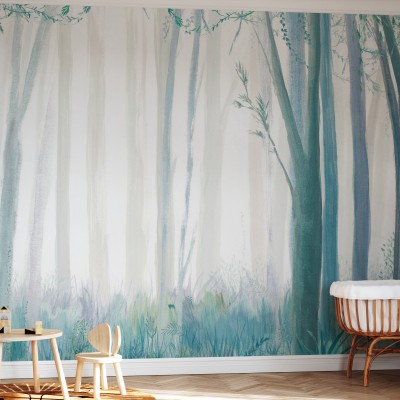 Wallpaper cu design minimalist reprezentând o pădure în nuanțe de albastru