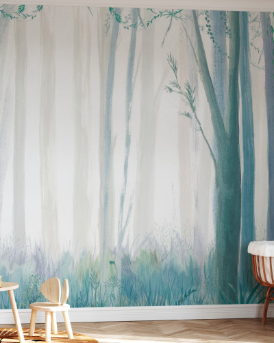 Wallpaper cu design minimalist reprezentând o pădure în nuanțe de albastru