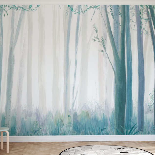 Wallpaper cu design minimalist reprezentând o pădure în nuanțe de albastru