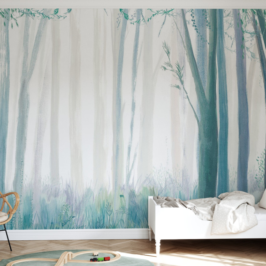 Trees, Pink, Photowall, tapet cu design minimalist cu o pădure estompată în nuanțe de roz pal, perfect pentru dormitorul copiilor