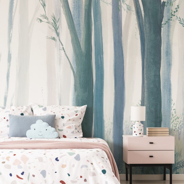 Wallpaper cu design minimalist reprezentând o pădure în nuanțe de albastru