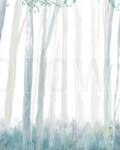 Wallpaper cu design minimalist reprezentând o pădure în nuanțe de albastru