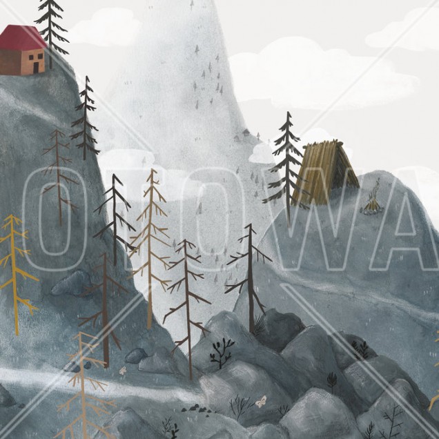 Imagine de fundal pentru camera copilului cu peisaj montan și o cabană