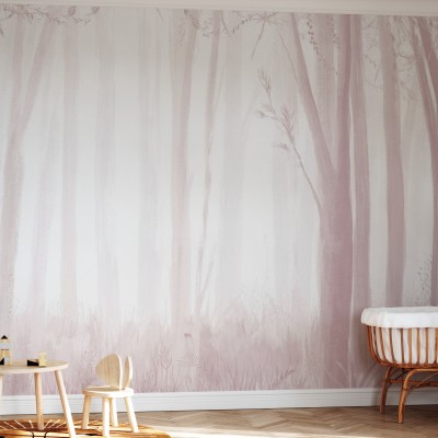 Trees, Pink, Photowall, tapet cu design minimalist cu o pădure estompată în nuanțe de roz pal, perfect pentru dormitorul copiilor