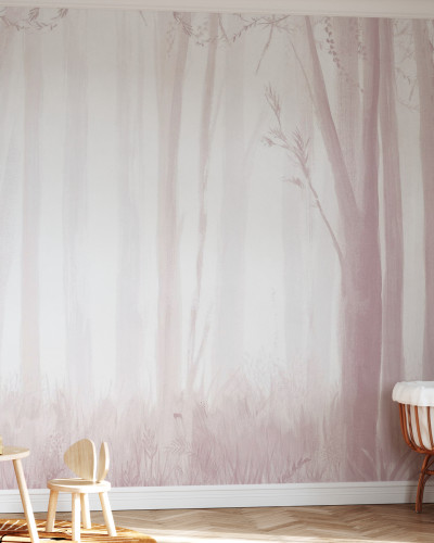 Trees, Pink, Photowall, tapet cu design minimalist cu o pădure estompată în nuanțe de roz pal, perfect pentru dormitorul copiilor