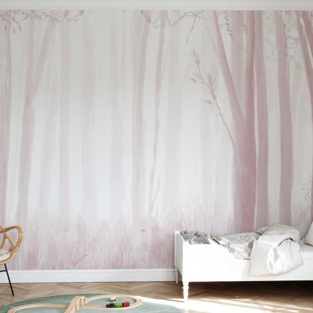 Trees, Pink, Photowall, tapet cu design minimalist cu o pădure estompată în nuanțe de roz pal, perfect pentru dormitorul copiilor