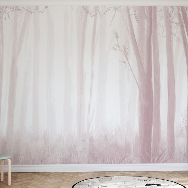 Trees, Pink, Photowall, tapet cu design minimalist cu o pădure estompată în nuanțe de roz pal, perfect pentru dormitorul copiilor