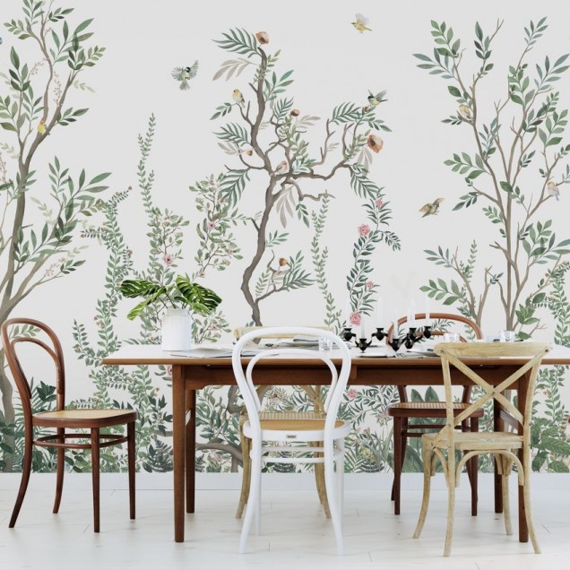 Tapet cu design modern și inspirat de natură, cu nuanțe de verde și detalii delicate de flori și păsări.