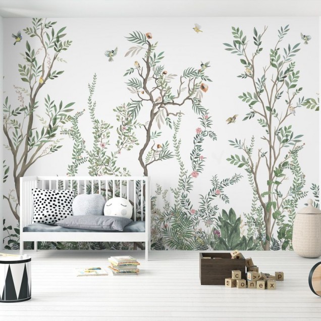Tapet cu design modern și inspirat de natură, cu nuanțe de verde și detalii delicate de flori și păsări.