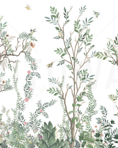 Tapet cu design modern și inspirat de natură, cu nuanțe de verde și detalii delicate de flori și păsări.